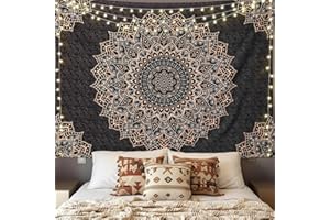 Miytal Black Mandala Floral Tapestry, Aesthetic Boho Flower Wall Hanging Decor, Medallion Bohemian Art Print Tapestries for B