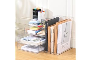 CiWiVOKi Desk Organizer with 2 Vertical File Holder, 4 Tier Stackable Paper Letter Tray File Organizer with 5-Compartments Pen Holder, Clear Desktop Organizer Office Organization and Storage