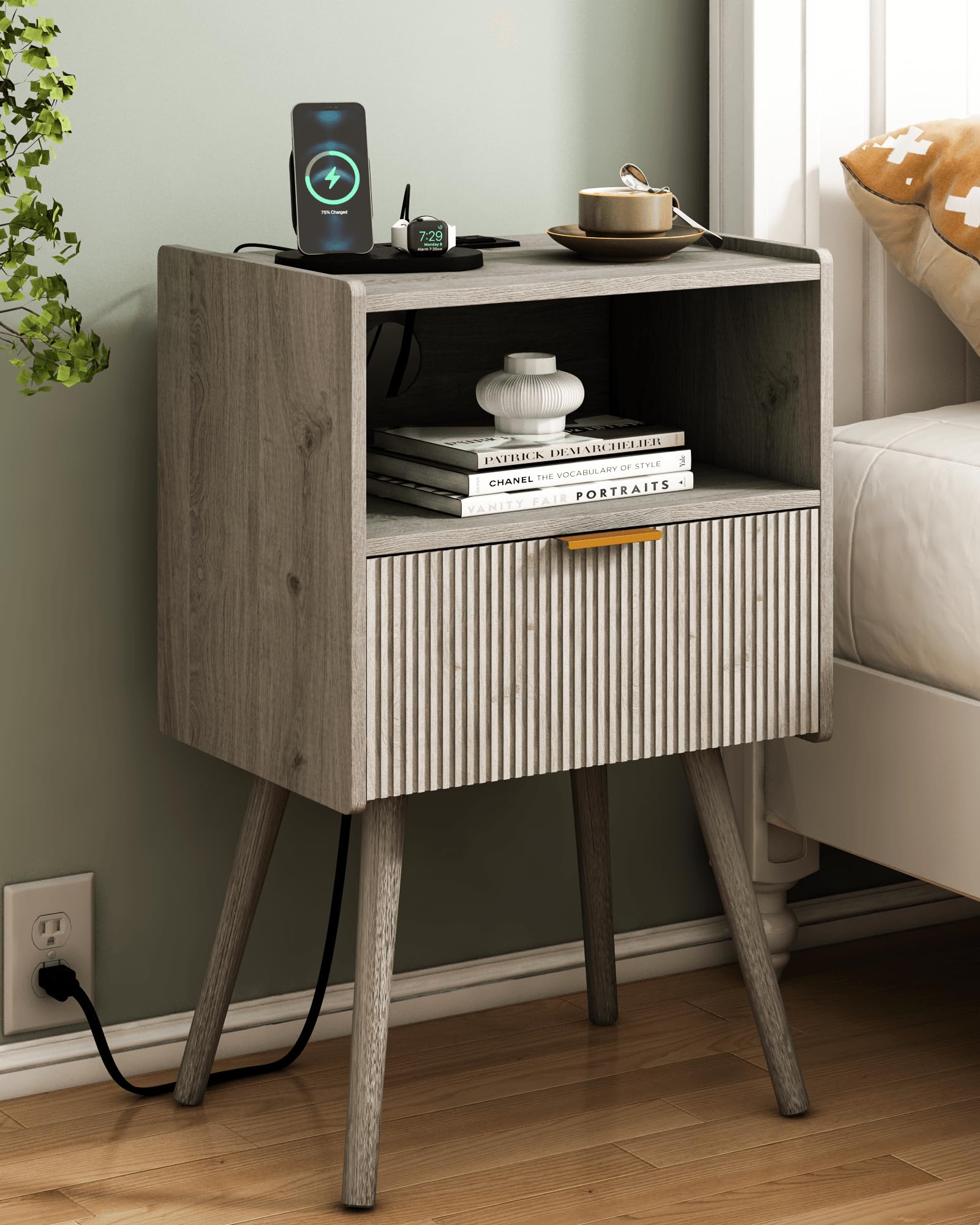 Photo 1 of JOONEE Nightstand with Outlet,Modern Bedside Table with Storage Drawer and Open Wood Shelf, for Living Room, Bedroom and Small Spaces, Accent Night Stand with Solid Wood Legs, Easy Assembly,Grey Oak