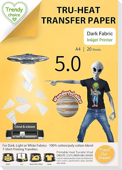 TransOurDream Tru-Heat Dark 5.0 Transfer Paper 20 Sheets A4 Iron On Inkjet