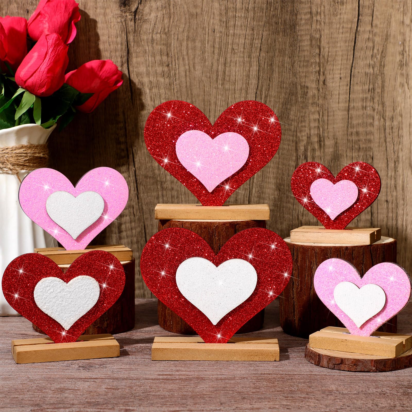 Photo 1 of Vercraft 6 Pcs Valentine's Day Decor Wooden Heart Shaped Table Signs Farmhouse Wood Heart Table Decorations Sign Standing Wooden Tiered Tray Decoration for Valentine Day Ornaments(Shine)