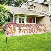 Excelloon 90th Birthday Banner Decorations for Women, Pink Rose Gold Happy 90 Birthday Yard Banner Party Supplies, 90 Year Old Bday Background Sign for Outdoor Indoor