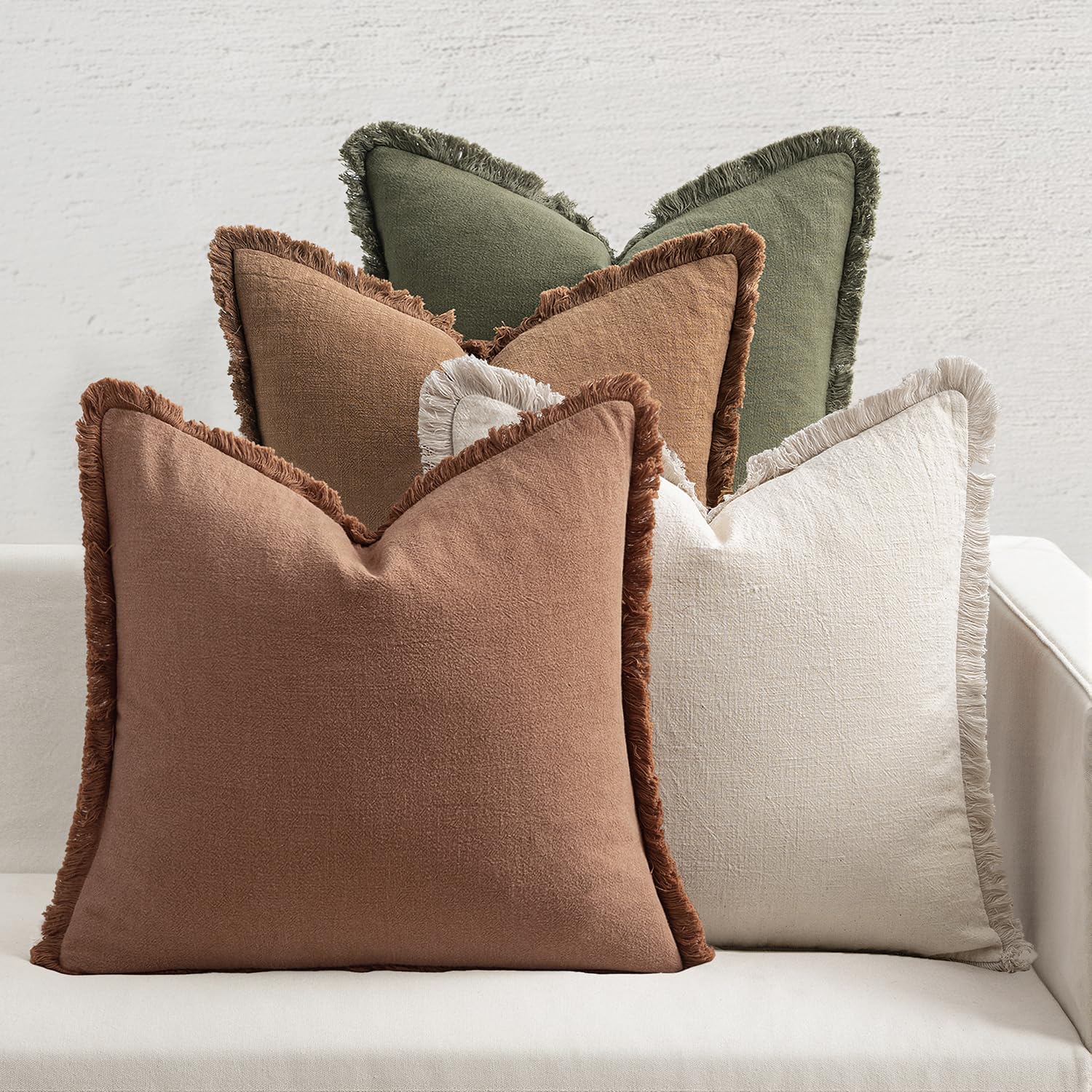 Photo 1 of MIULEE Fall Decorative Couch Pillow Covers Neutral Linen Fringe Throw Pillows Set of 4 Soft Rustic Cushions Boho Farmhouse Pillowcases for Bed Sofa Living Room Home Decor 18x18 Inch Beige/Brown/Green