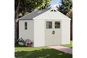 Greesum 10×8 FT Plastic Outdoor Storage Shed with Floor and Lockable Door, Resin Sheds with Windows and Skylights, Weather Resistant Organization for Garden, Lawn, Pool Supplies, Beige