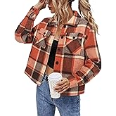 HOTOUCH Red Xmas Jackets Flannel Shirts for Women Cropped Plaid Jacket Shacket Button Down Winter Coats
