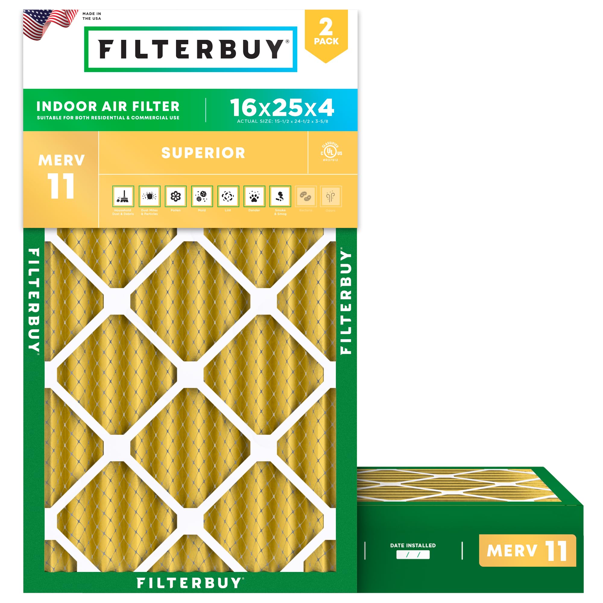 Filterbuy 16x25x4 Air Filter MERV 11 Pet & Allergy Defense (2-Pack)