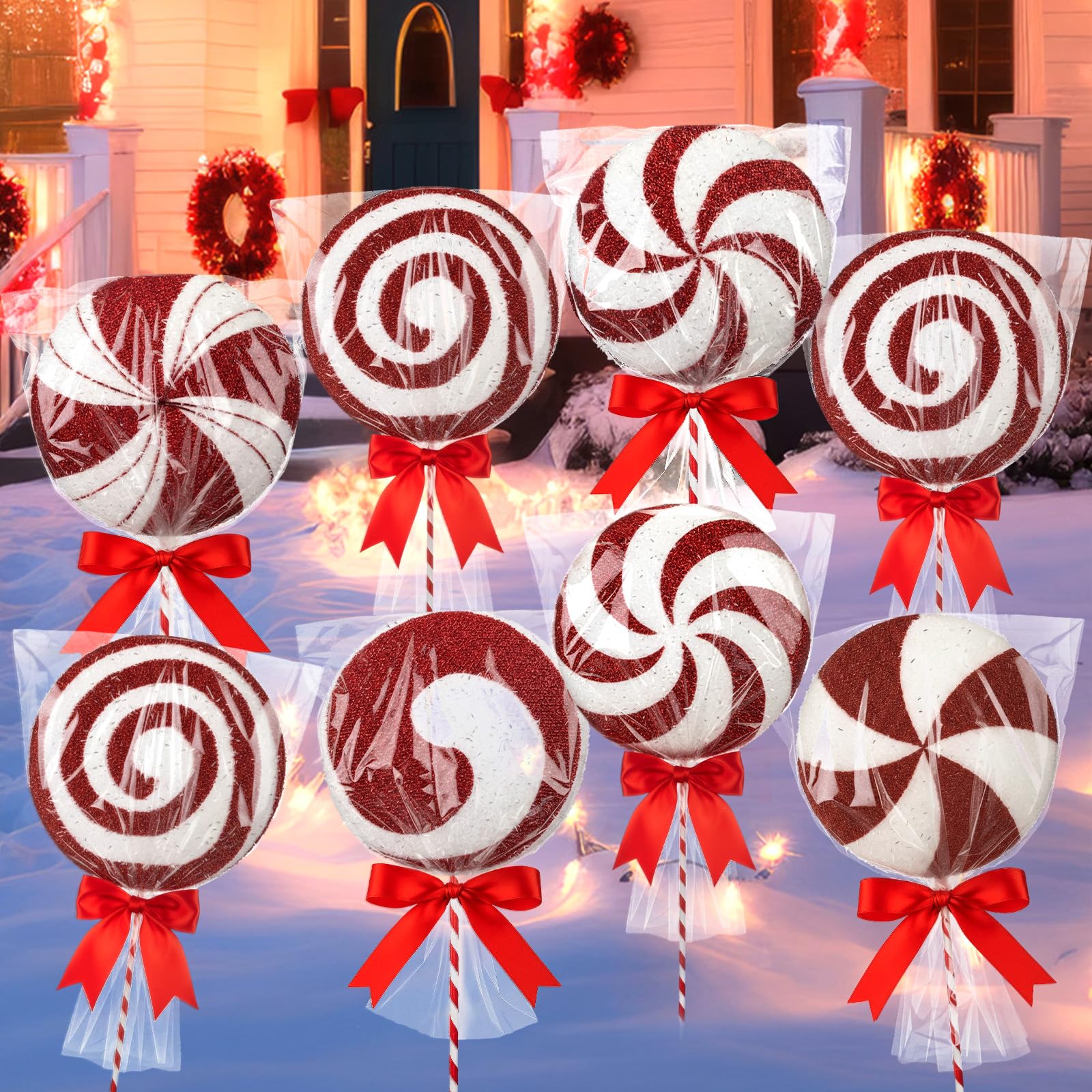 View 1 of 4pcs only   GlikCeil  3D Christmas Lollipop Yard Decorations Lollipop Candy Signs with Stakes Xmas Winter Holiday Garden Sign Outdoor Indoor Peppermint Candy Decor for Lawn Patio Driveway(Red,Classic)
