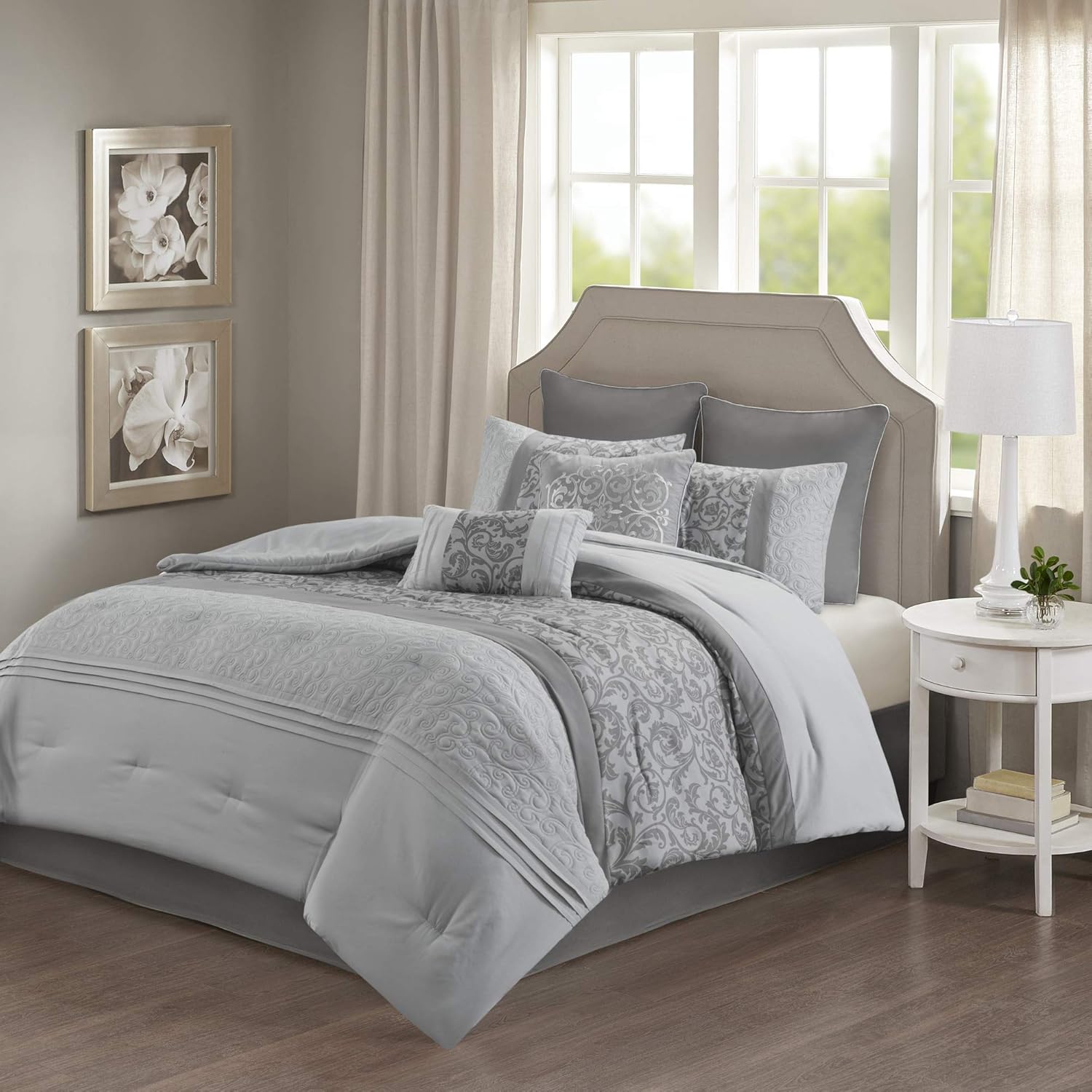 510 Design Ramsey 8 Piece Comforter Floral Scroll Quilted Design, Stripes Accent, Embroidered Toss Pillow Modern Classic All Season Bedding Set, Matching Sham, Bedskirt, King(104"x92"), Grey: Home & Kitchen