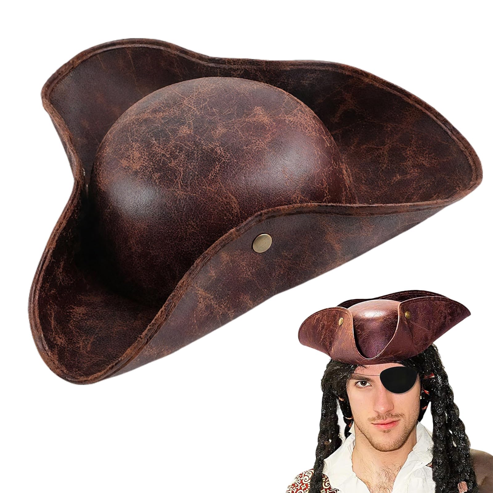 Wongify Pirate Hat, Brown Distressed Leather Colonial Tricorn Pirate Hat for Adults, Halloween Brown Novelty Hat Costume Accessory for Theme Party Cosplay