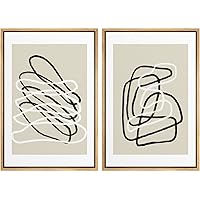 SIGNWIN Framed Wall Art Print Set Black and White Lines Tangled Tan Background Abstract Swirly Digital Art Modern Art Mid-Century Modern Expressive for Living Room, Bedroom, Office - 16