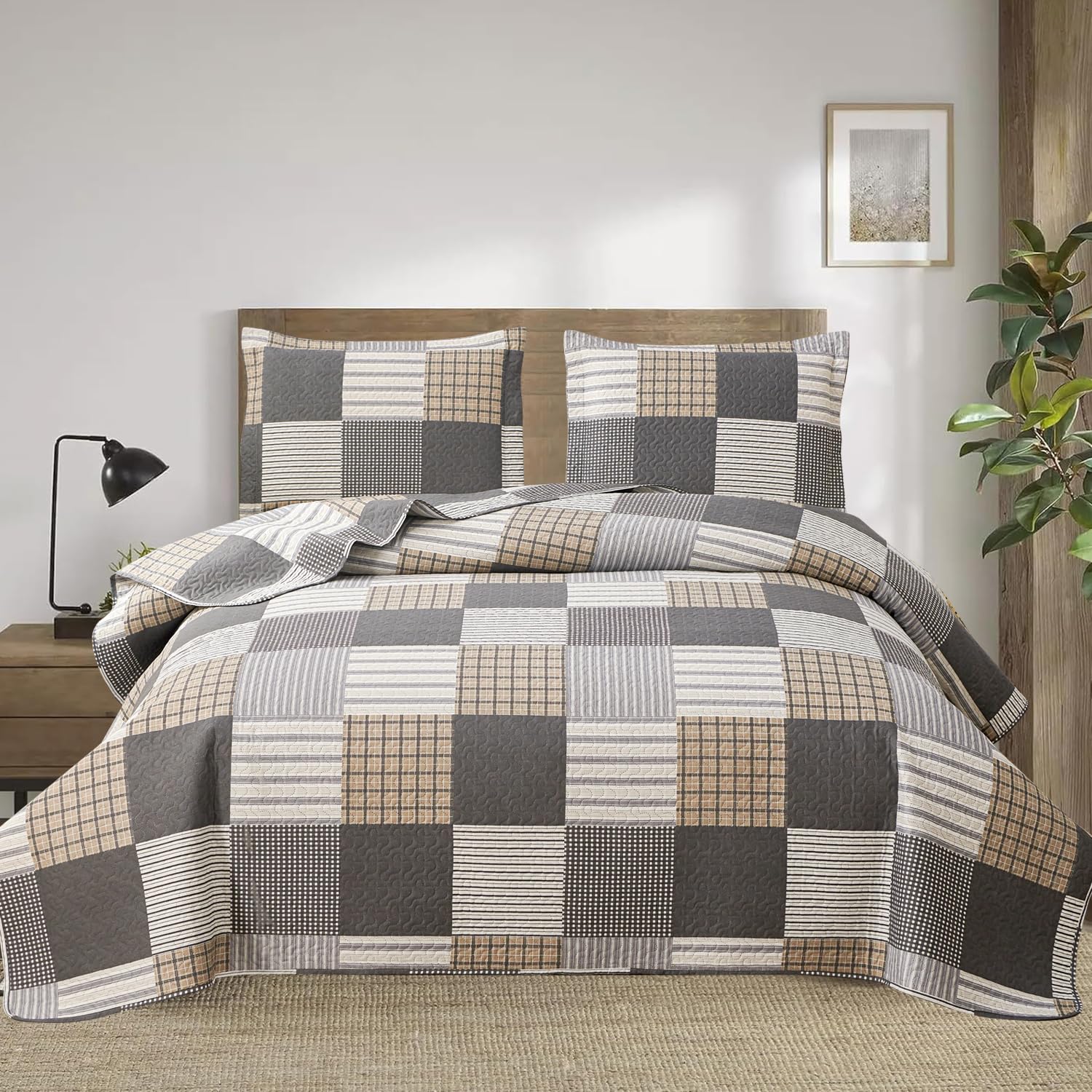 Photo 1 of Ycosy Plaid Quilt Set Queen Size Lightweight Bedspread Set Grey Brown White Patchwork Quilts Reversible Coverlet with 2 Pillow Shams Soft Microfibers for All Season