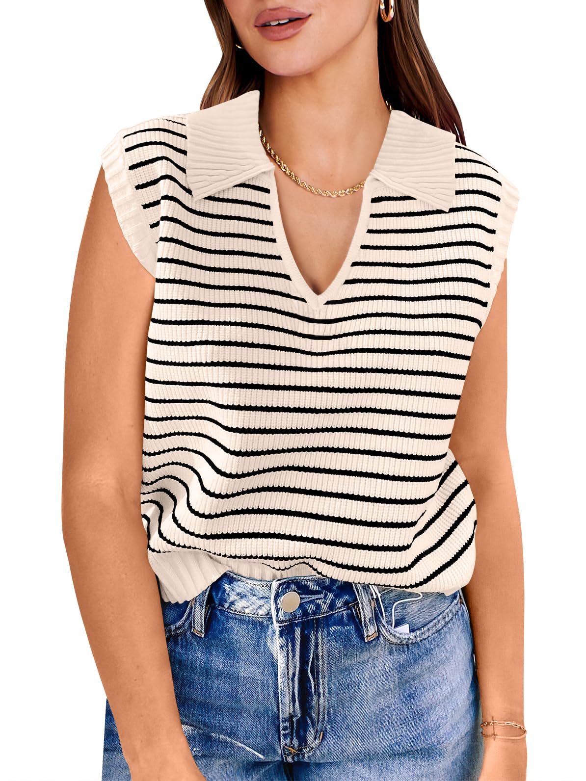 Photo 1 of ANRABESS Women Summer Tank Tops Striped Sleeveless Polo V Neck Knit Sweater Vest Shirts 2025 Trendy Cute Outfits Almond and Black Medium