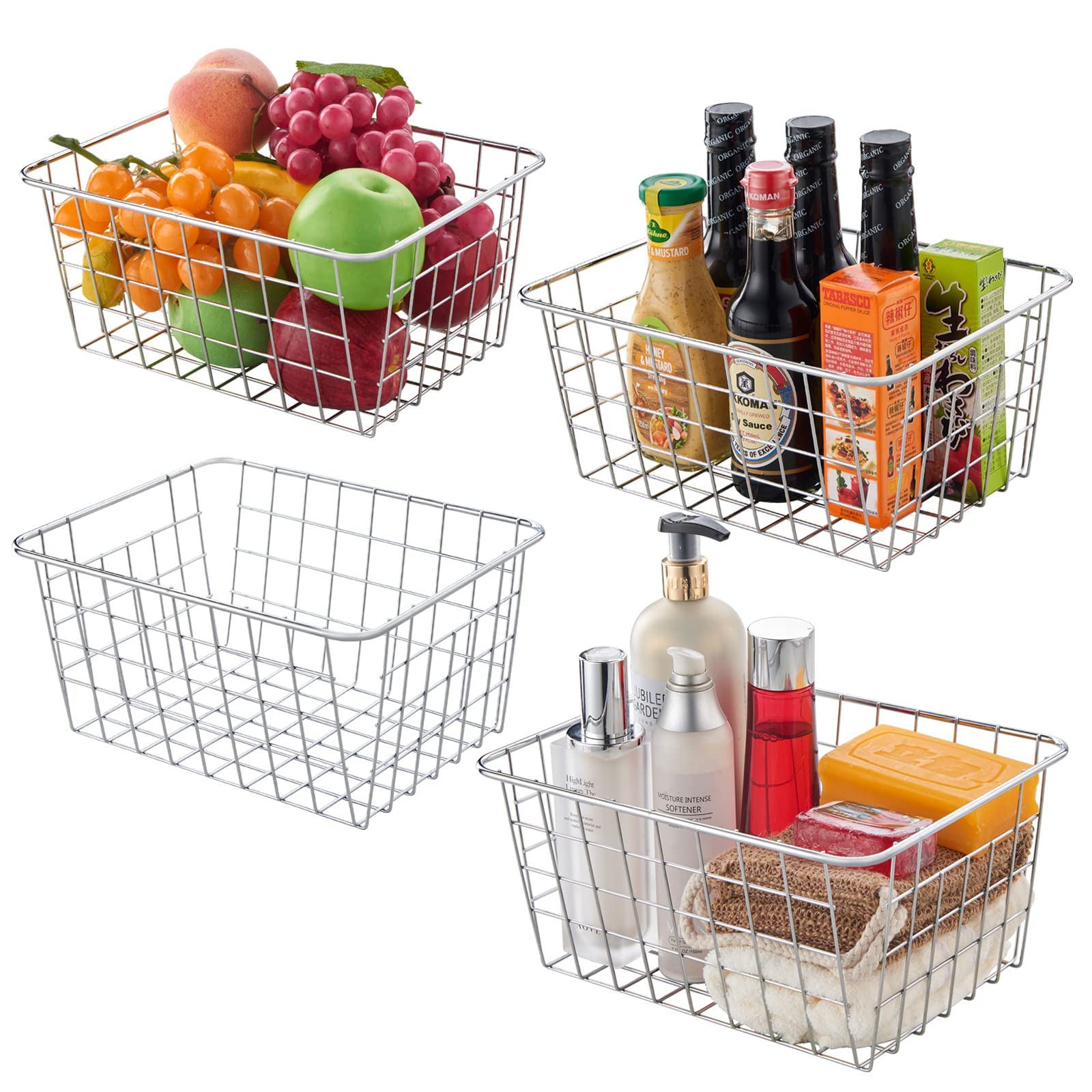 Photo 1 of JUNCHU CHERRY Wire Kitchen Storage Basket 4 Packs,Perfect Pantry Organization Accessories Baskets,Laundry Basket,Countertop Organization,Suitable for Kitchen,Bathroom,Bedroom,Tabletop,Stackable,Chrome