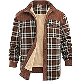 VOHOTO Men's Sherpa Fleece Lined Shirt Winter Outdoor Warm Flannel Jacket-Plaid Patchwork, Lapel Collar, Multi-Pocket