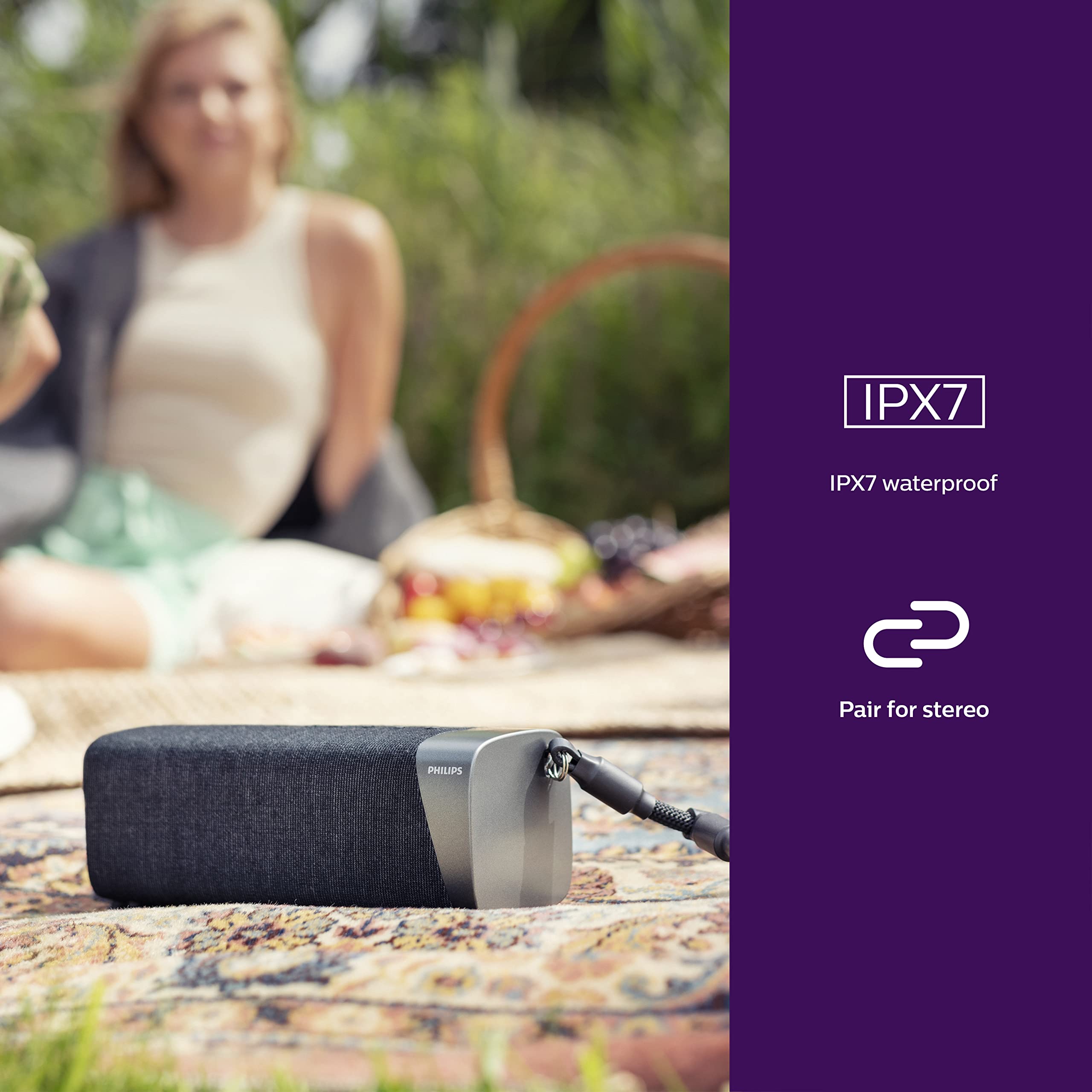 Philips S7505 Wireless Bluetooth Speaker with Built-in Power-Bank, Large Bold Sound, Up to 20 Hours Playtime, IPX7 Waterproof, Shower Ready, Large Size, Gray