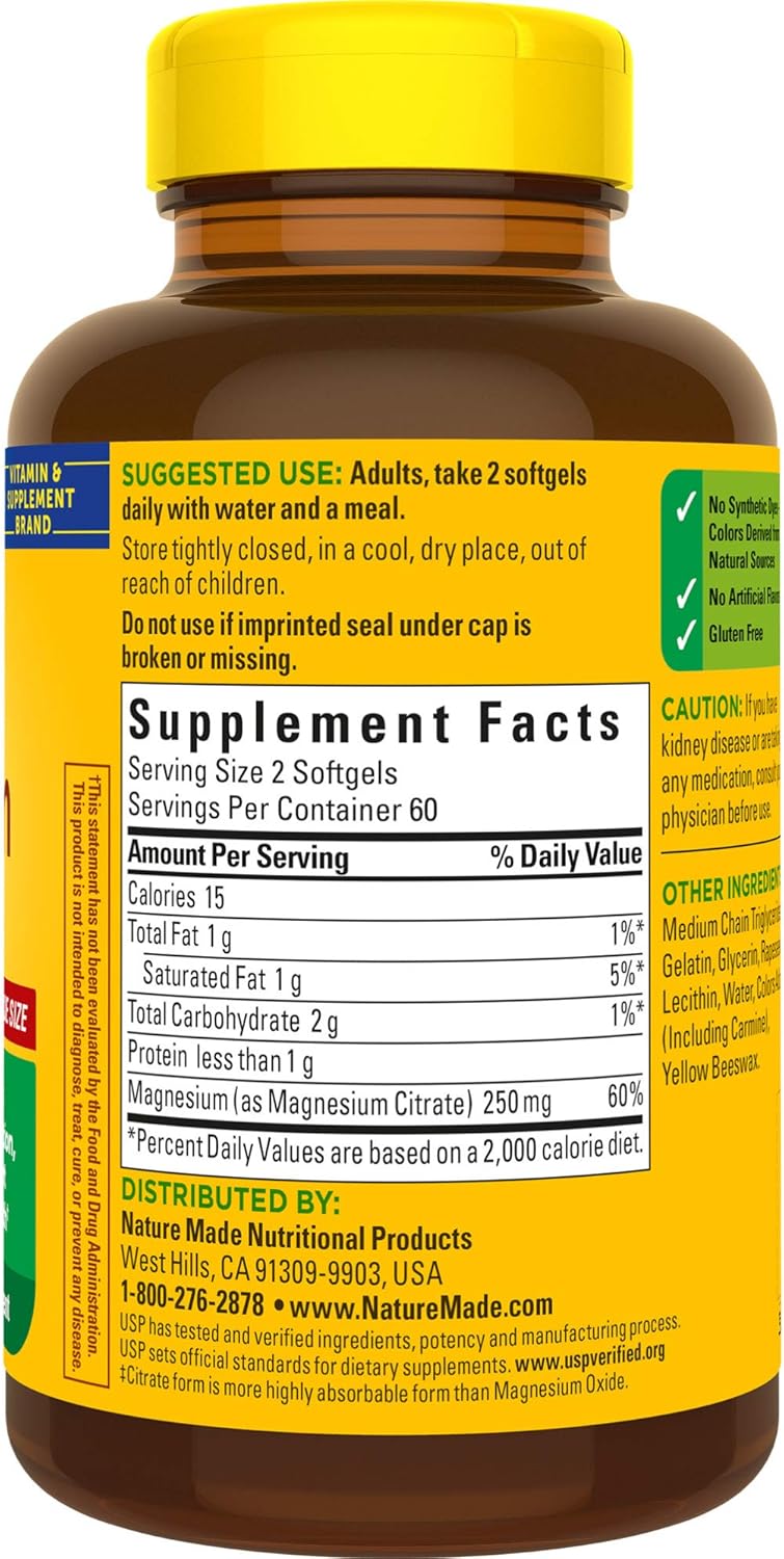 Nature Made Magnesium Citrate 250mg Softgels, 120 Count for Nutrition Support† (Packaging May Vary): Health & Personal Care