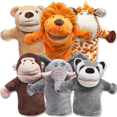 JOYIN 6Pcs Kids Hand Puppet Set with Working Mouth Elephant Giraffe Lion Bear