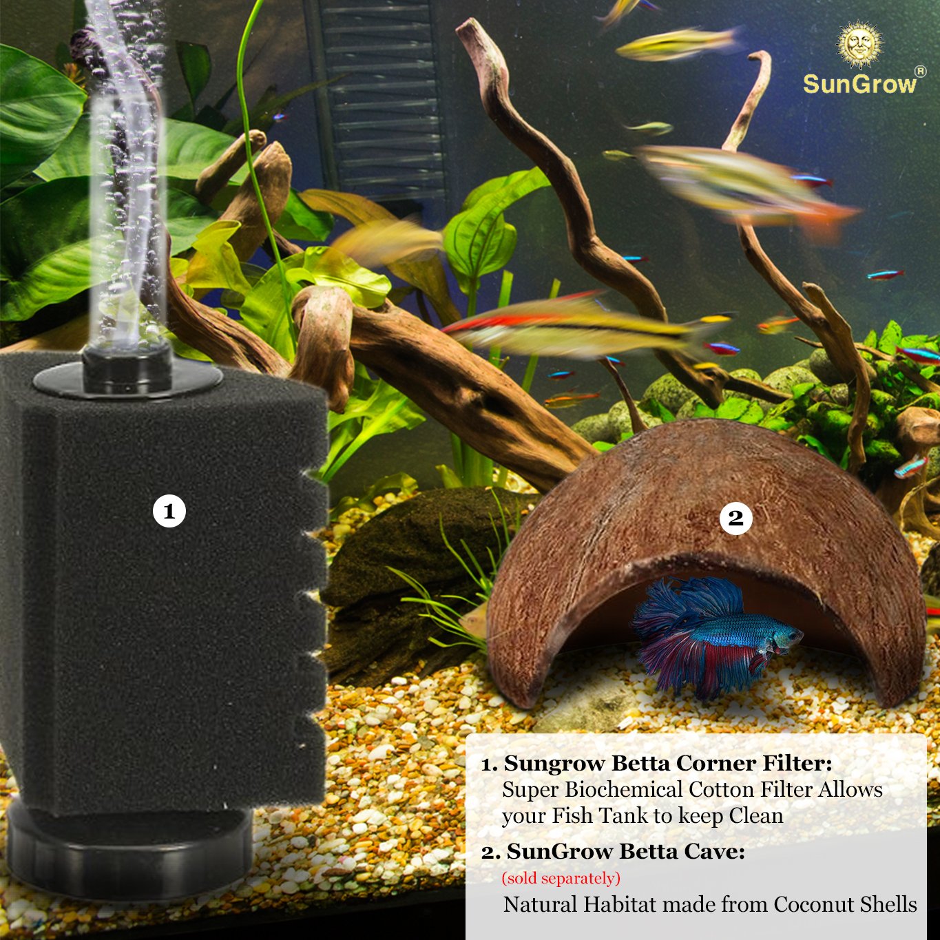 6-Layer Betta Corner Filter by SunGrow: Provides Biological and Chemical Filtration: Promotes Colonization of Nitrifying Bacteria: Color Black