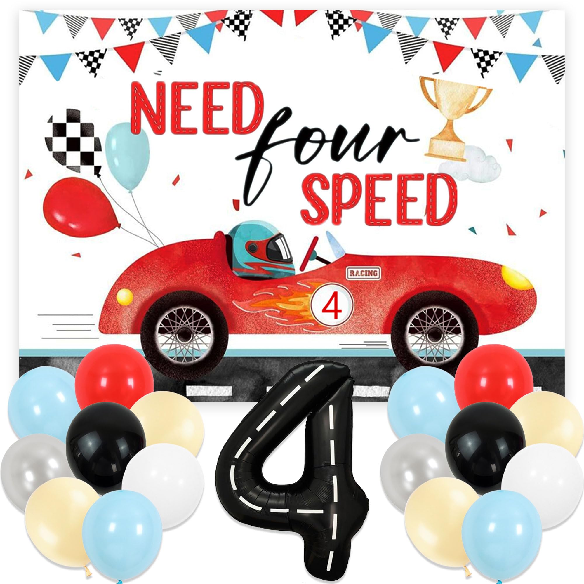 Photo 1 of Need Four Speed Birthday Decoration Need Four Speed Balloons Backdrop Racing Car 4th Birthday Decoration Boys 4th Birthday Party Supplies Car Balloons