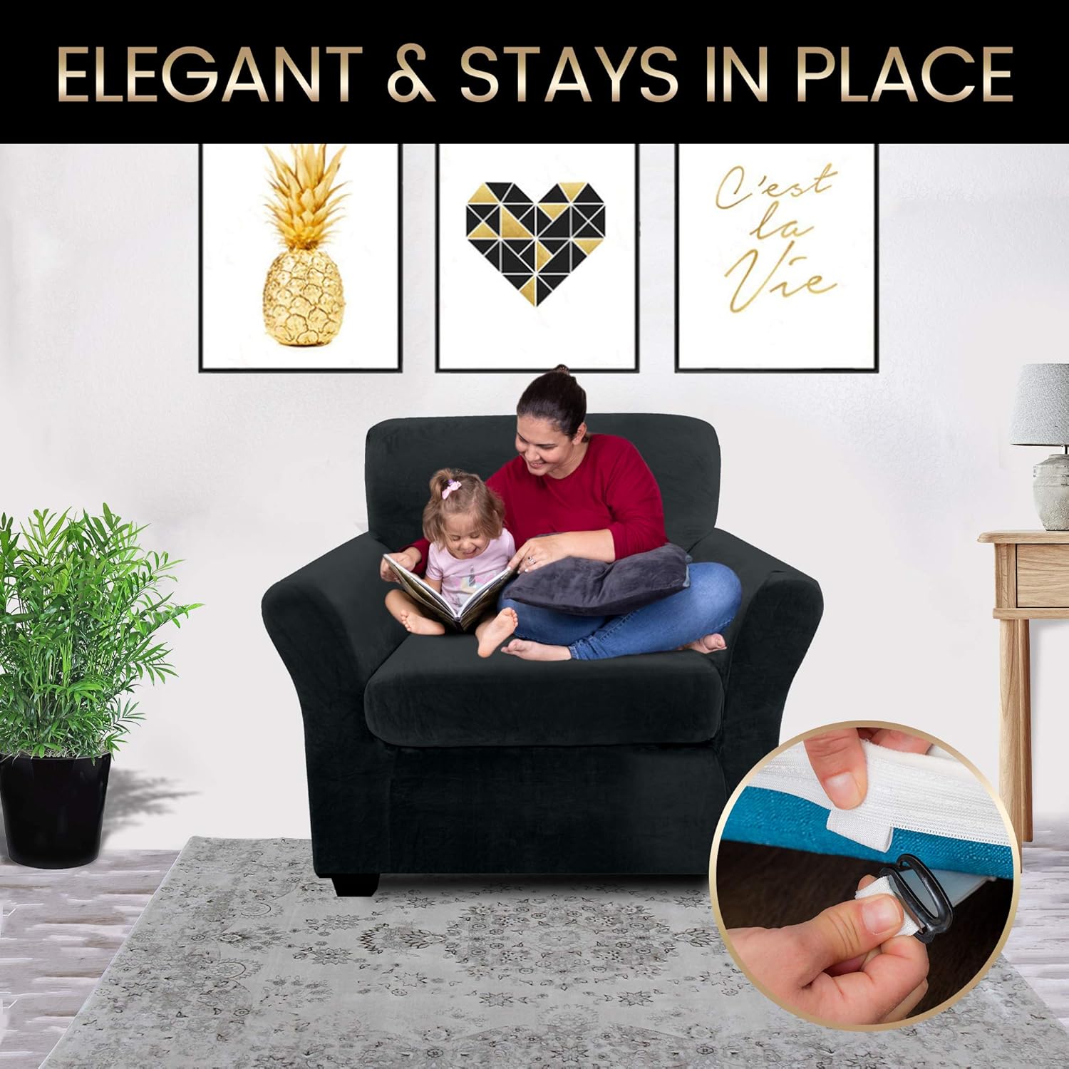 FINERFIBER Velvet High Stretch 2 Piece Armchair Slipcover | Thick Couch Cover for Pets | Couch Covers for 1 Cushion Couch | Furniture Protector for Separate Cushion Couch (Armchair, Dark Grey): Furniture & Decor