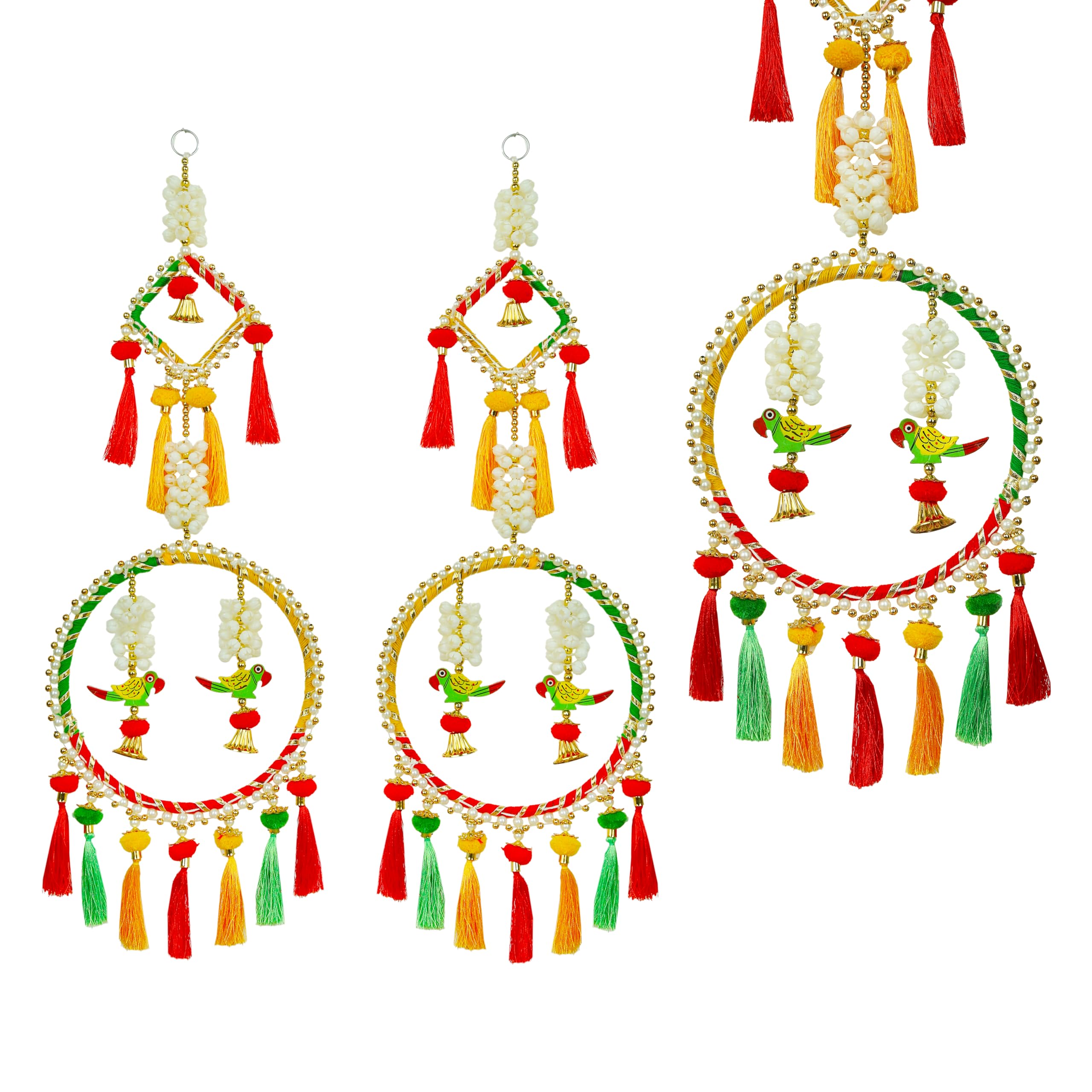 Set of 2 Door Hanging with Artificial Mogra Flower Made up of Round Frame Wooden Parrot Birds Wall String holi gudi padwa Hangings Home Door Indian Decorations Festival (Size:-24")(Multicolor)