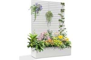 TUYOHW 71"x47"x16" Metal Planter Box with Trellis Raised Garden Bed with Trellis, Trellis with Planter Box & Privacy Screen, Metal Planter Box for Climbing Plants, Vegetable, Vines(White, Louvered)