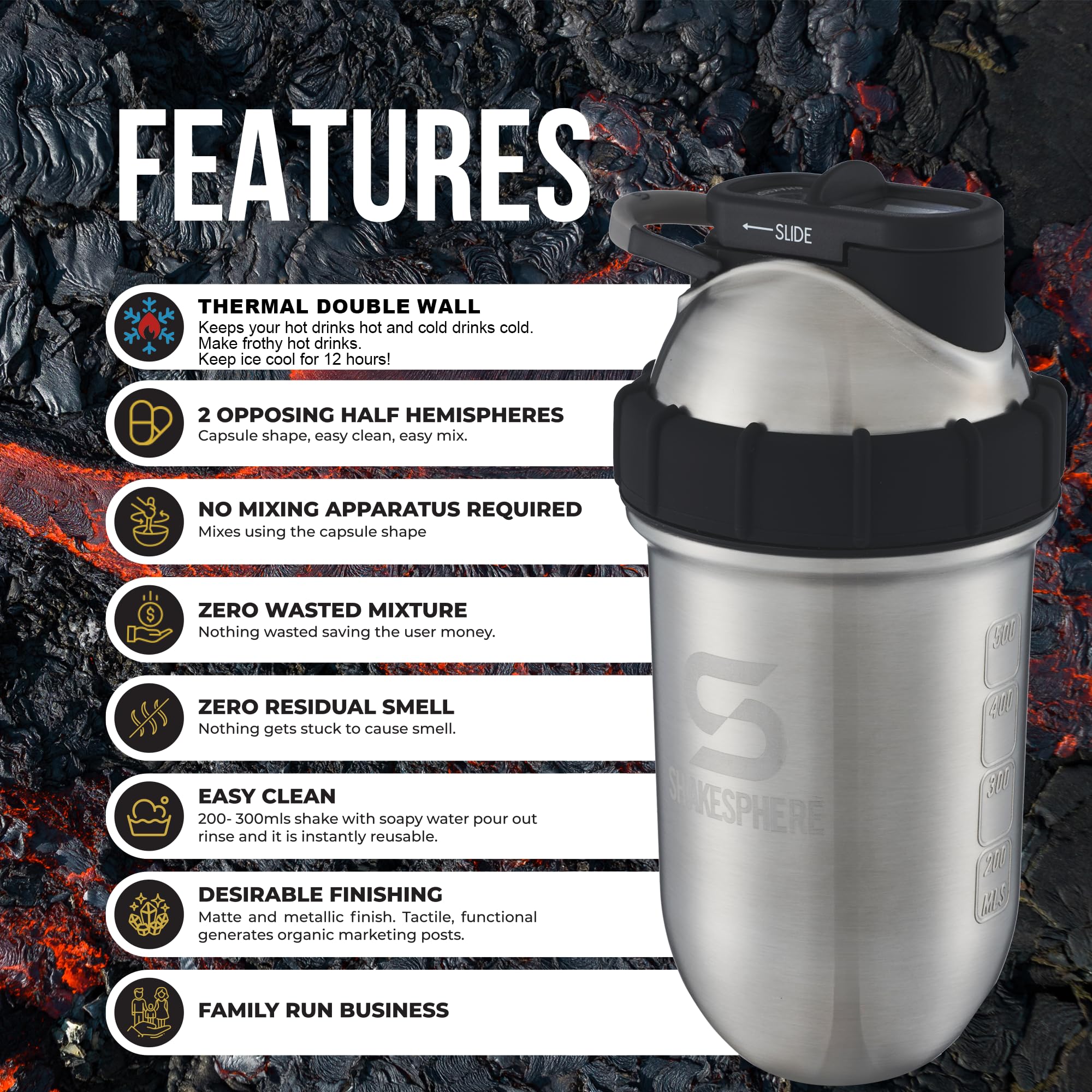 SHAKESPHERE Shaker Bottle - 24oz Leak Proof Protein Shaker Bottle for Pre Workout, Smoothie, and Powder Drink Mixes, No-Blade Mixer for Gym, BPA-Free, Easy Clean & Easy to Carry (Matte Black)