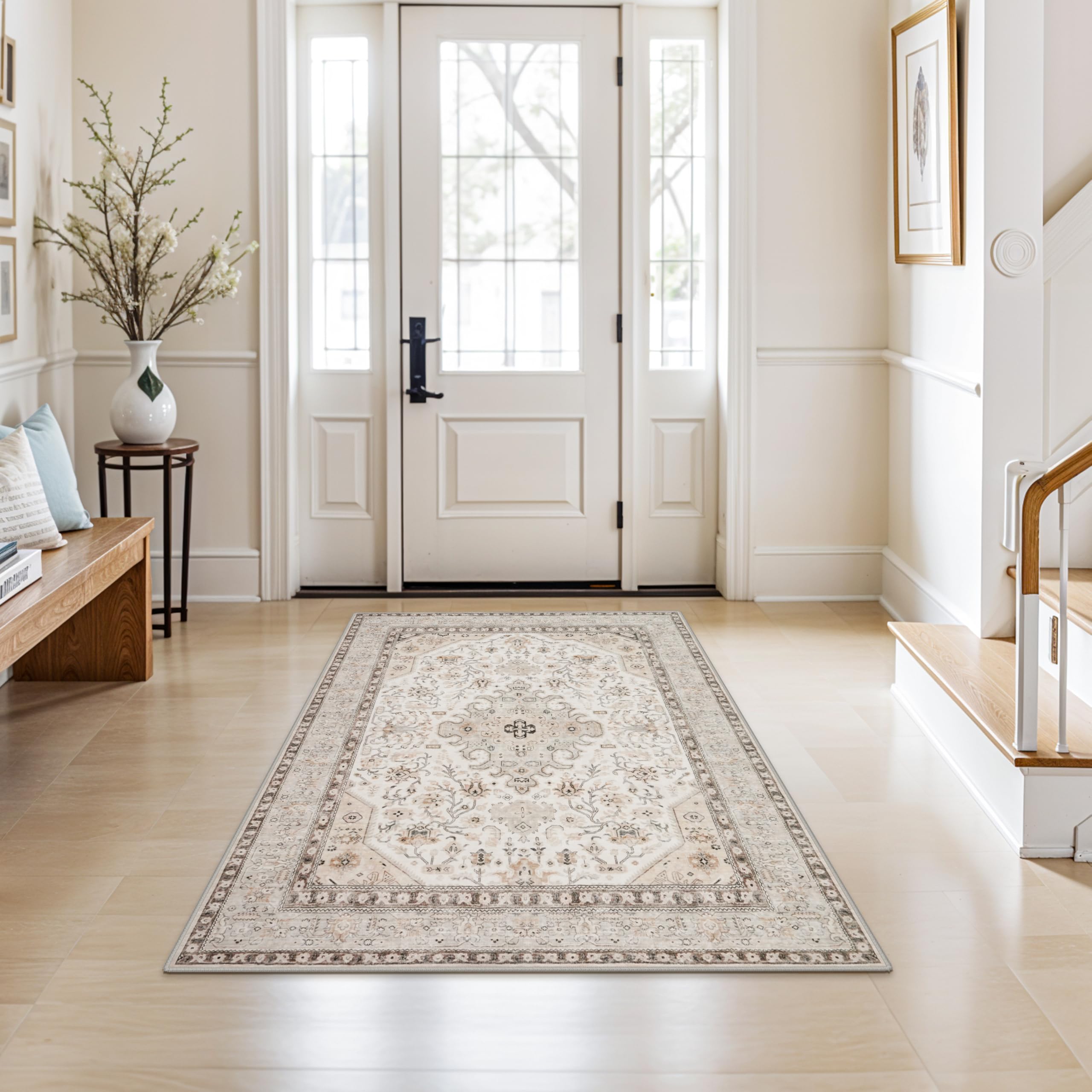 Photo 1 of HILORUUG 4x5 Rug Entryway Washable: Non-Slip Oriental Area Rug for Bathroom Kitchen- Farmhouse Low Pile Stain Resistant Carpet Long Thin Front Door Mat (4x5 Ivory/Grey/Multi)