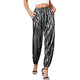 heipeiwa Women's Metallic Pleated Sequin Shiny Joggers Pants Party Club Wear Sweatpant Trouser