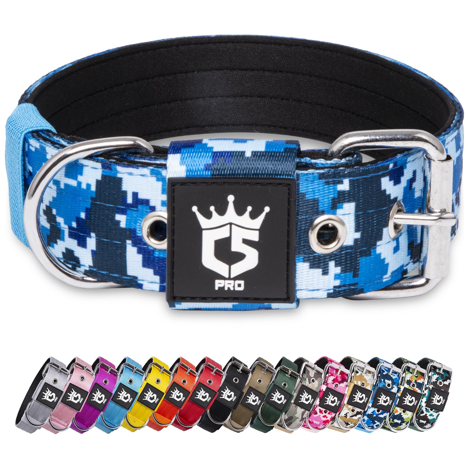 TSPRO Heavy Duty Tactical Dog Collar 1.5" Wide, Padded Dog Collar with Metal Buckle, Adjustable for Walking Training Outdoor for Medium Large Dogs (Camo Blue, M) — image 1