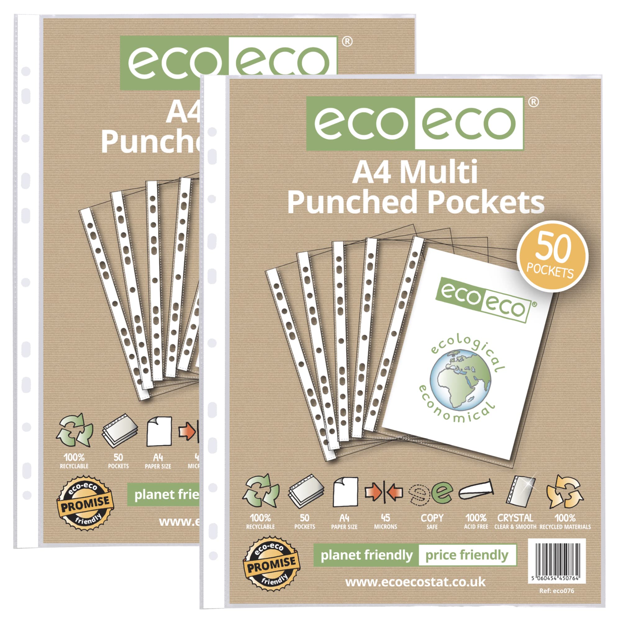 eco-eco A4 100% Recycled Multi Punched Pockets Glass Clear, Transparent Poly Wallet Sheet Protector, 45 Microns (Pack of 50 x2), eco076x2