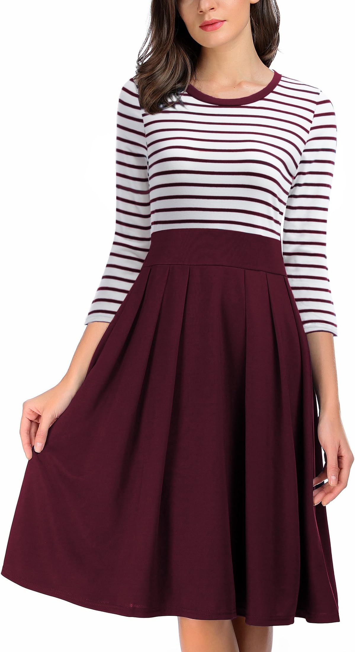 AAMILIFE Women's Stripe Scoop Neck Short 3/4 Long Sleeve Casual Swing Modest Dresses
