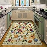 4x6 Machine Washable Area Rug for Living Room, Green Vintage Boho Floral Rug Large Non-Slip Low Pile Soft Faux Wool Carpet, Kids and Pets Friendly for Bedroom Dining Room Farmhouse Home Decor Rug