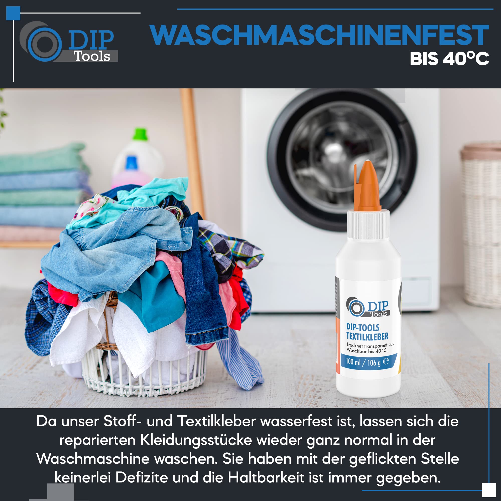 DIP-Tools Textilkleber Stoffkleber waschmaschinenfest 100ml I für Textilien Stoffe Polyester Jeans, Superkleber extra stark, transparent & wasserfest ohne Rückstände, geruchlos ohne Lösungsmittel 6