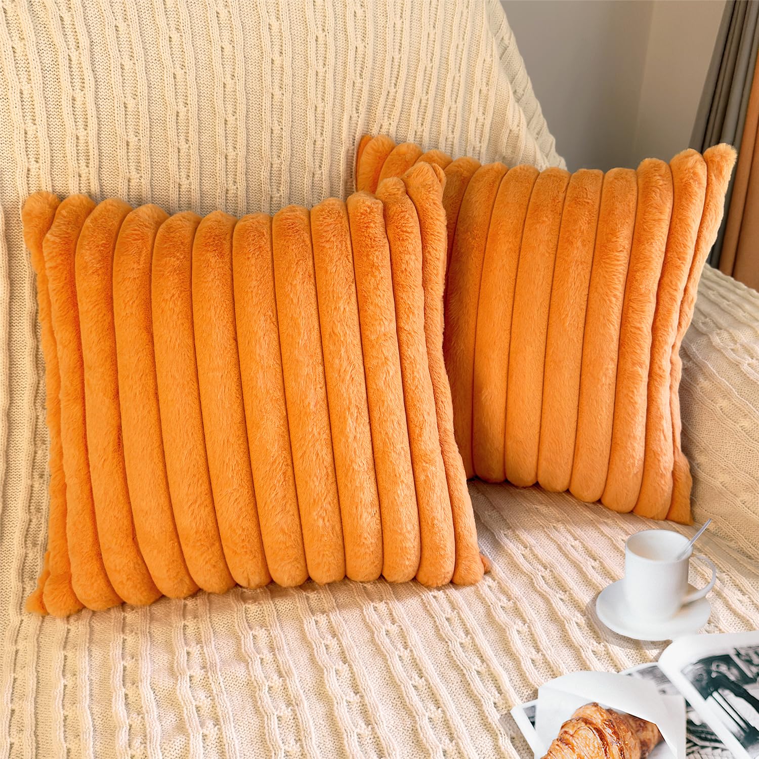 Photo 1 of 2 Pack 18x18 Pillow Cover Velvet Pillow Covers, Faux Fur Square Throw Pillow Covers for Living Room Decorations Throw Pillow Case, Throw Pillow Cover Cushion Cover for Sofa Bedroom Car, Orange