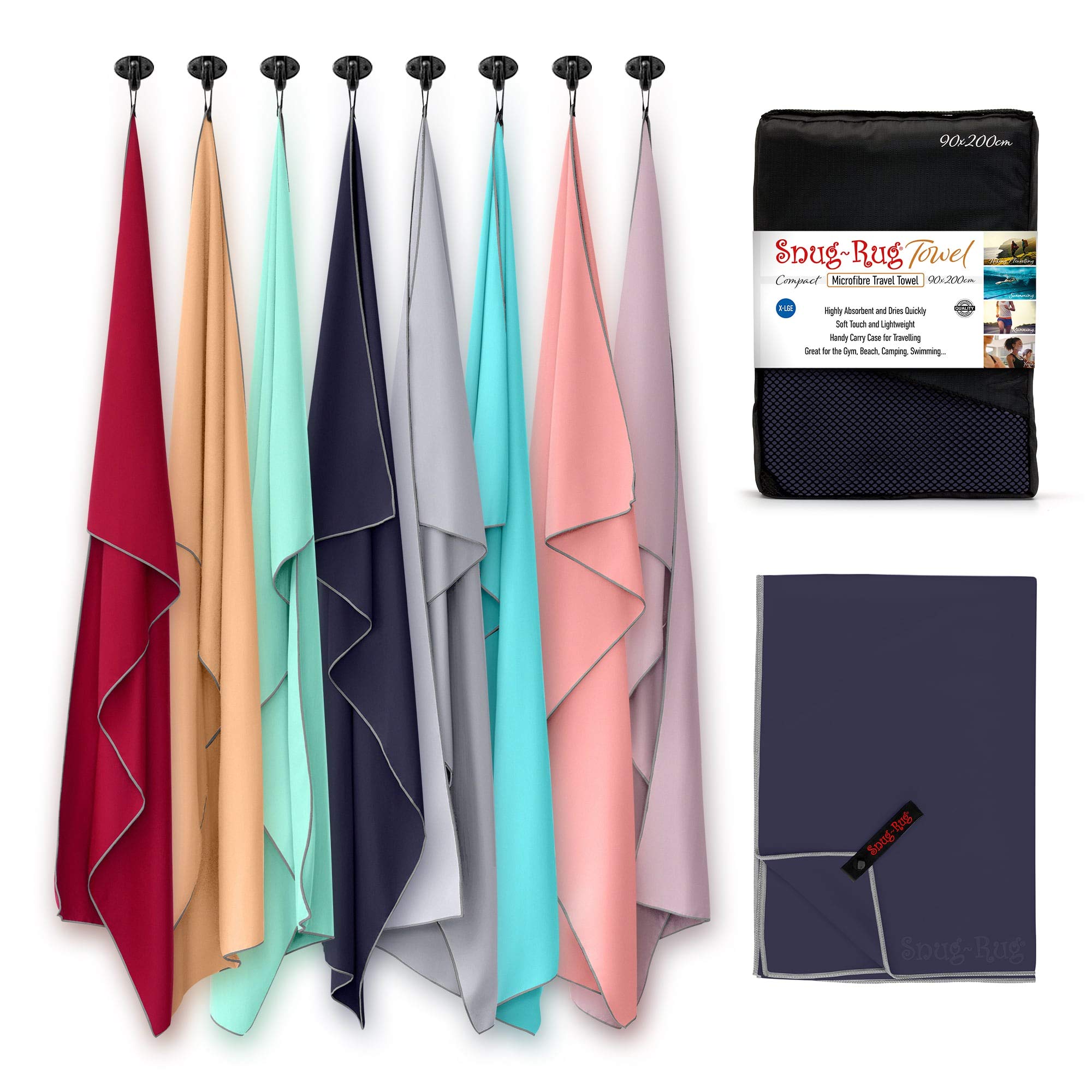 Snug Rug Microfibre Towel Extra Large XL 200 x 90cm – Super Absorbent - Quick Drying - Lightweight Compact Travel - Antibacterial Swimming Sports Travel Sand Proof Beach Towels - Eclipse Blue