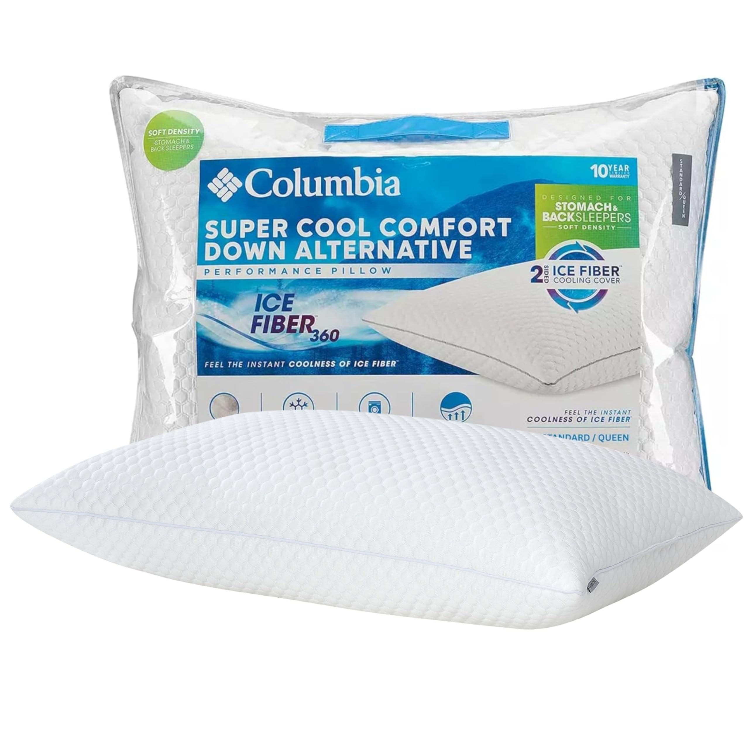 Photo 1 of Columbia Comfort Ice Fiber Side Sleeper Down Alternative Bed Pillow with Polyester Fiberfill, Supportive Cooling Double Sided Breathable Cover (Back & Stomach Sleeper, Standard/Queen (Pack of 1))