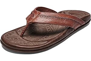 OLUKAI Hiapo Men's Beach Sandals, Full-Grain Leather Flip-Flop Slides, Compression Molded Footbed & Comfort Fit, Enhanced Grip Soles