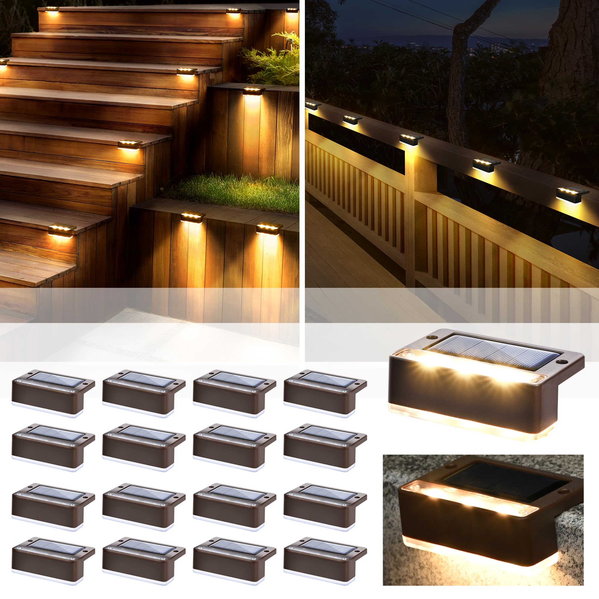 Solpex Solar Step Lights 16 Pack, Solar Outdoor Lights for Fence,Waterproof Solar Powered Outdoor Light for Deck Porch Stair Railings Deck Yard Garden Patio Pool Decorations (Warm White,Brown) — image 1
