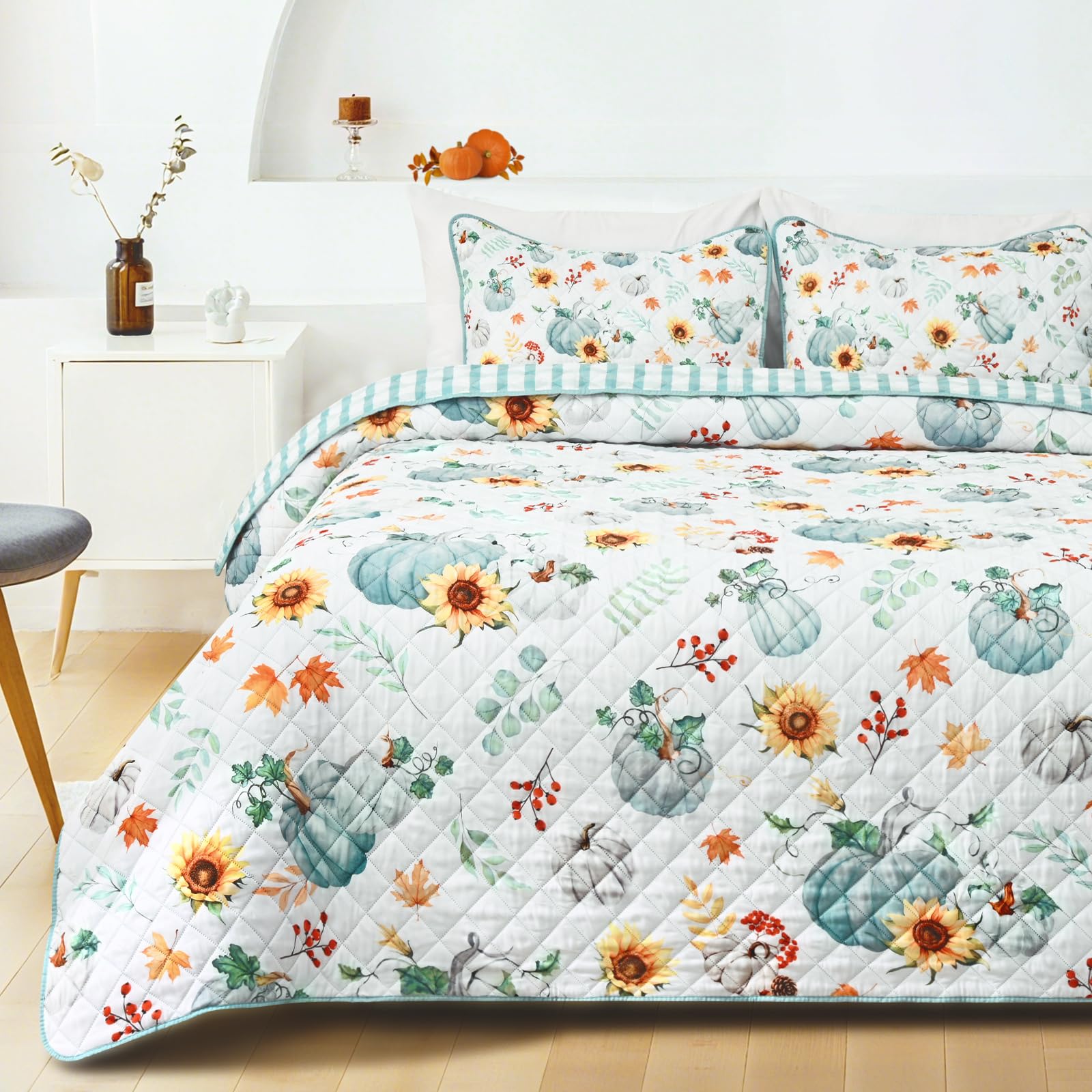 Photo 1 of Yinhua 3 Pieces Fall Quilts Queen Size, Pumpkin Quilt Bedding Set with 2 Pillow Shams, Reversible Buffalo Plaid Quilt Sets Soft Lightweight Thanksgiving Day Bedspread Coverlet, 90"x90", Blue