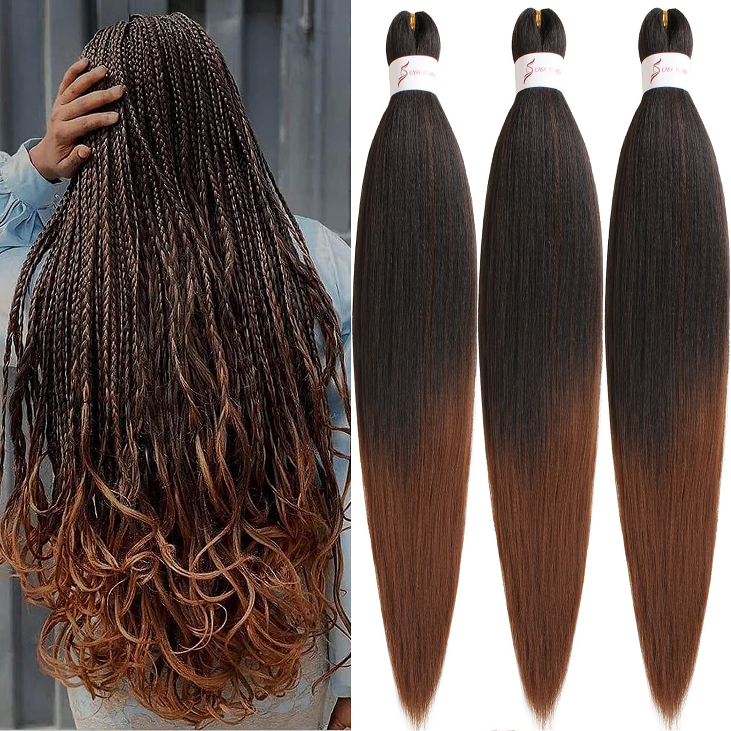 Xtrend 3 Packs 26 Inch Ombre Brown EZ Braiding Hair Extensions Pre Stretched for Box Braids Yaki Straight Kanekalon Fiber Pre Stretched Crochet Braiding Hair Extension T30#