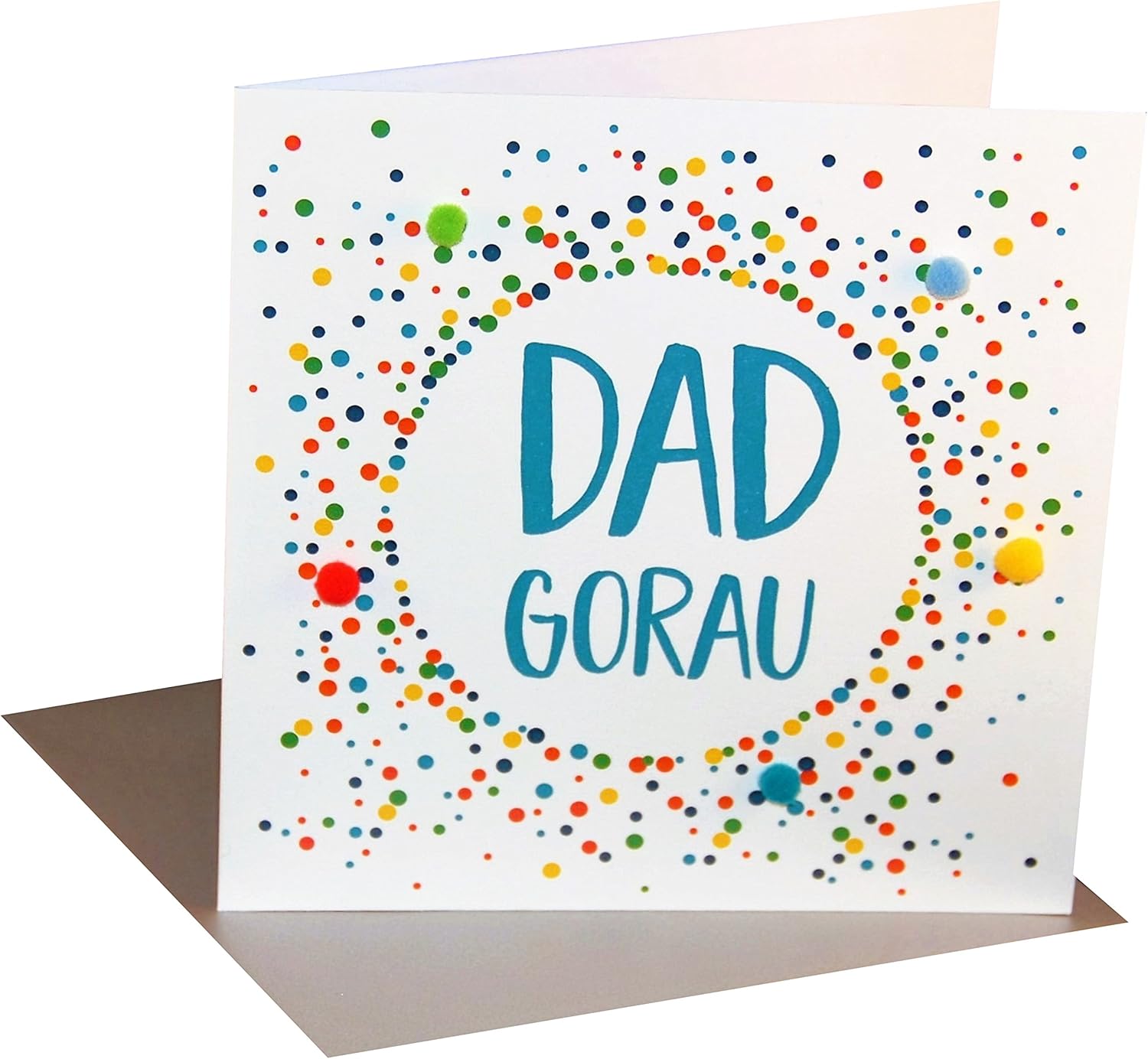 Claire Giles Greeting Cards, Welsh Happy Father's Day Card, Sul y Tadau Hapus, Dad Colour Dots Design Greeting Card, Pompom Embellished