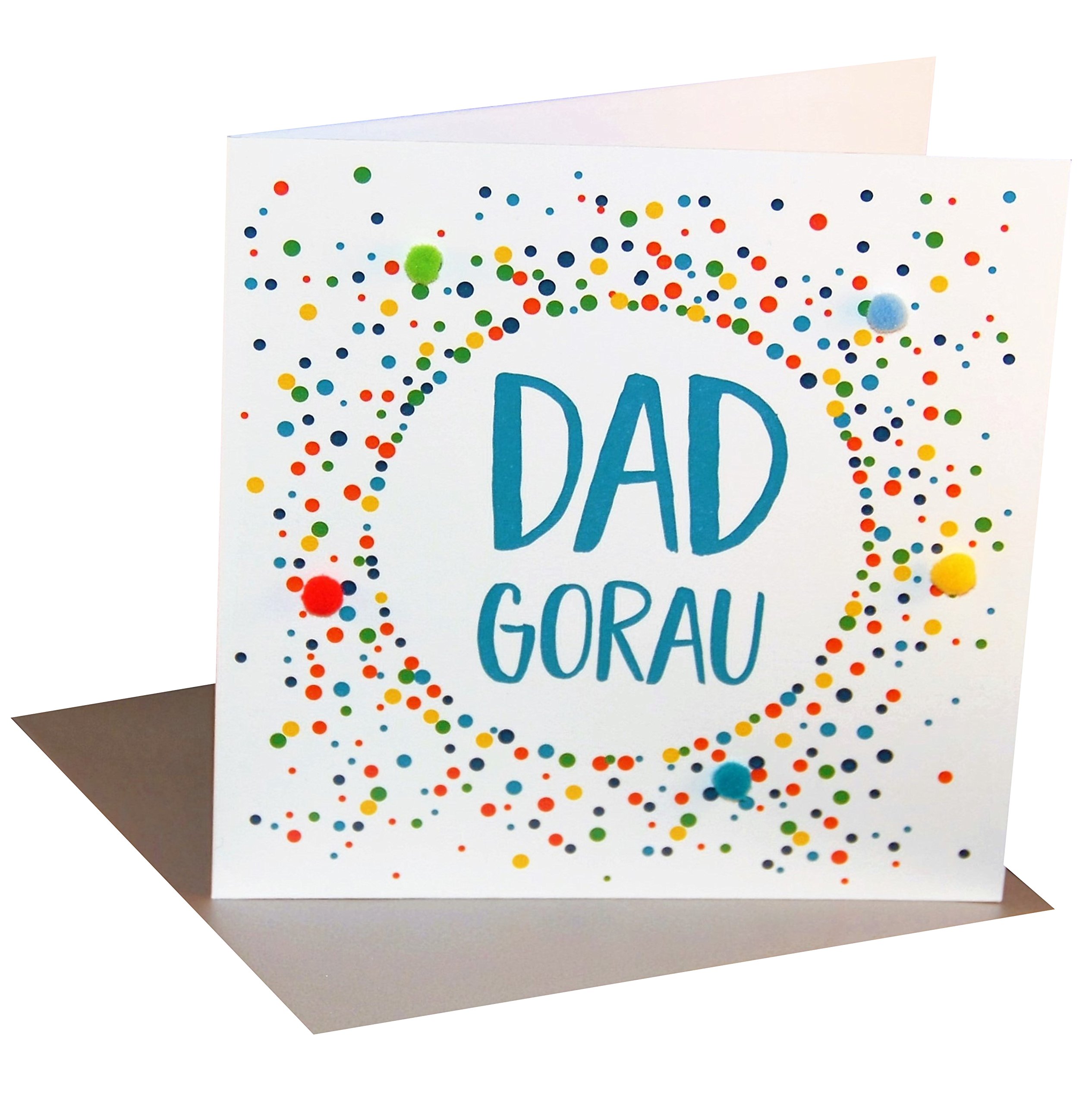 Claire Giles Greeting Cards, Welsh Happy Father's Day Card, Sul y Tadau Hapus, Dad Colour Dots Design Greeting Card, Pompom Embellished