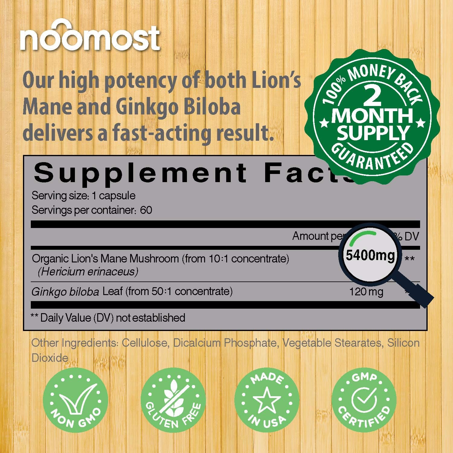 Organic Lions Mane Mushroom Capsules 5400mg, Ginkgo Biloba 120mg - Lion's Mane Ginko Biloba Memory Supplement for Nootropic Brain & Mental Clarity, Ginko Smart Maximum Focus and Memory, 2-Month Supply: Health & Personal Care