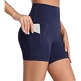Oalka Women's Short Yoga Side Pockets High Waist Workout Running Sports Shorts 4"