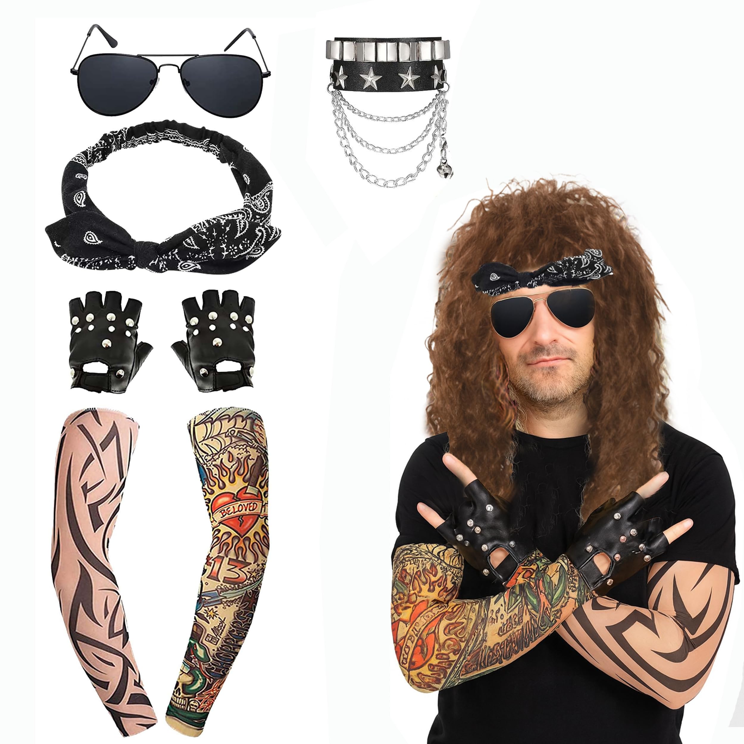 Keruto Punk Wig Set - 80s Heavy Metal Rock Slash Wig, Adults Halloween Fancy Dress Set with Black Pu Gloves, Temporary Tattoo Sleeves, Classic Sunglasses, Bracelet and Bandana