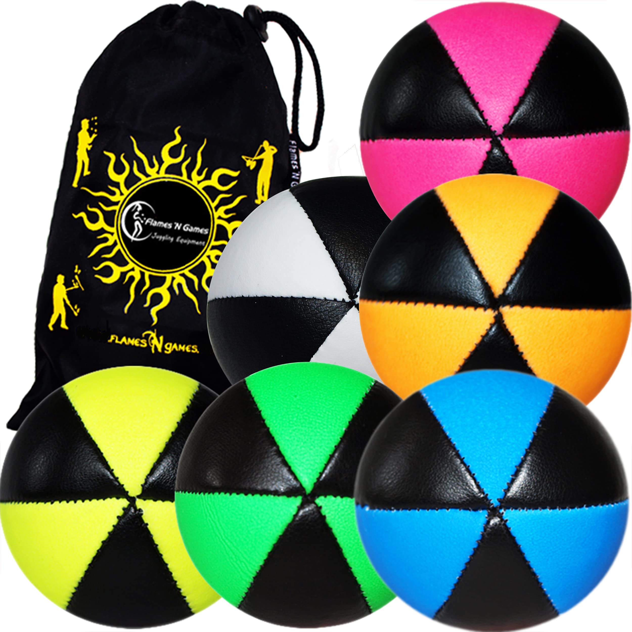 Flames 'N Games ASTRIX UV Thud Juggling Balls set of 5 Pro 6 Panel Leather Juggling Ball Set & Travel Bag! (Blue)