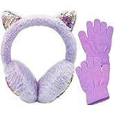 FYBW Ear Muffs Gloves Set for Kids, Winter Adjustable Sequins Warm Earmuffs for Kids Outdoor Cold Weather