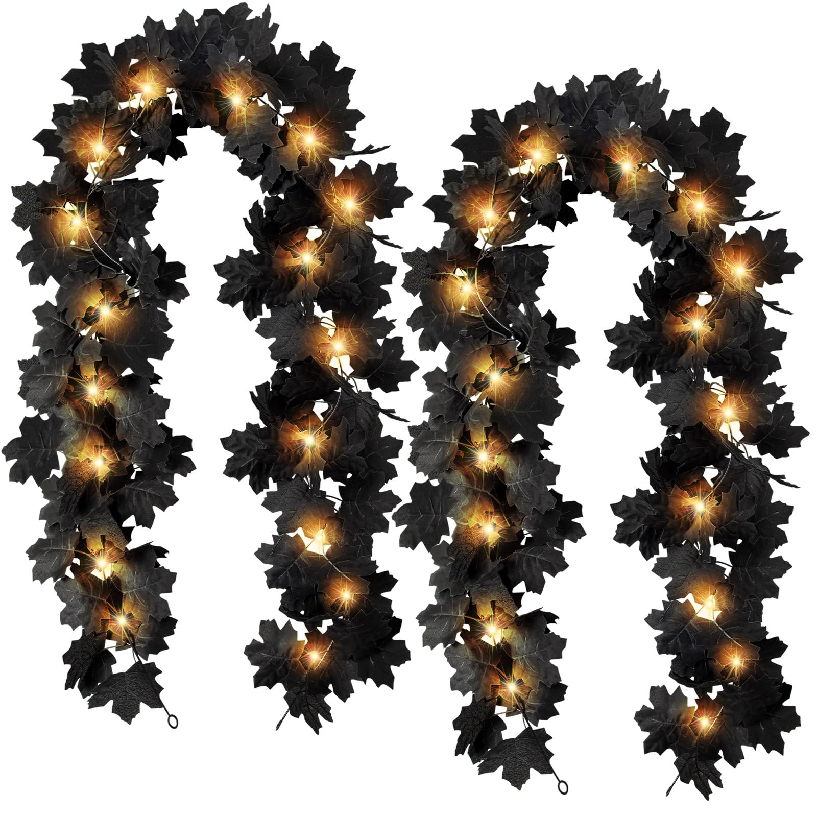 Photo 1 of Black Leaf Garland with Yellow Lights, 2 Pack Halloween Artificial Hanging Fall Leave Vines with 20 LED, Fall Floral Garlands Thanksgiving Decor for Home Wedding Party (11.8FT)