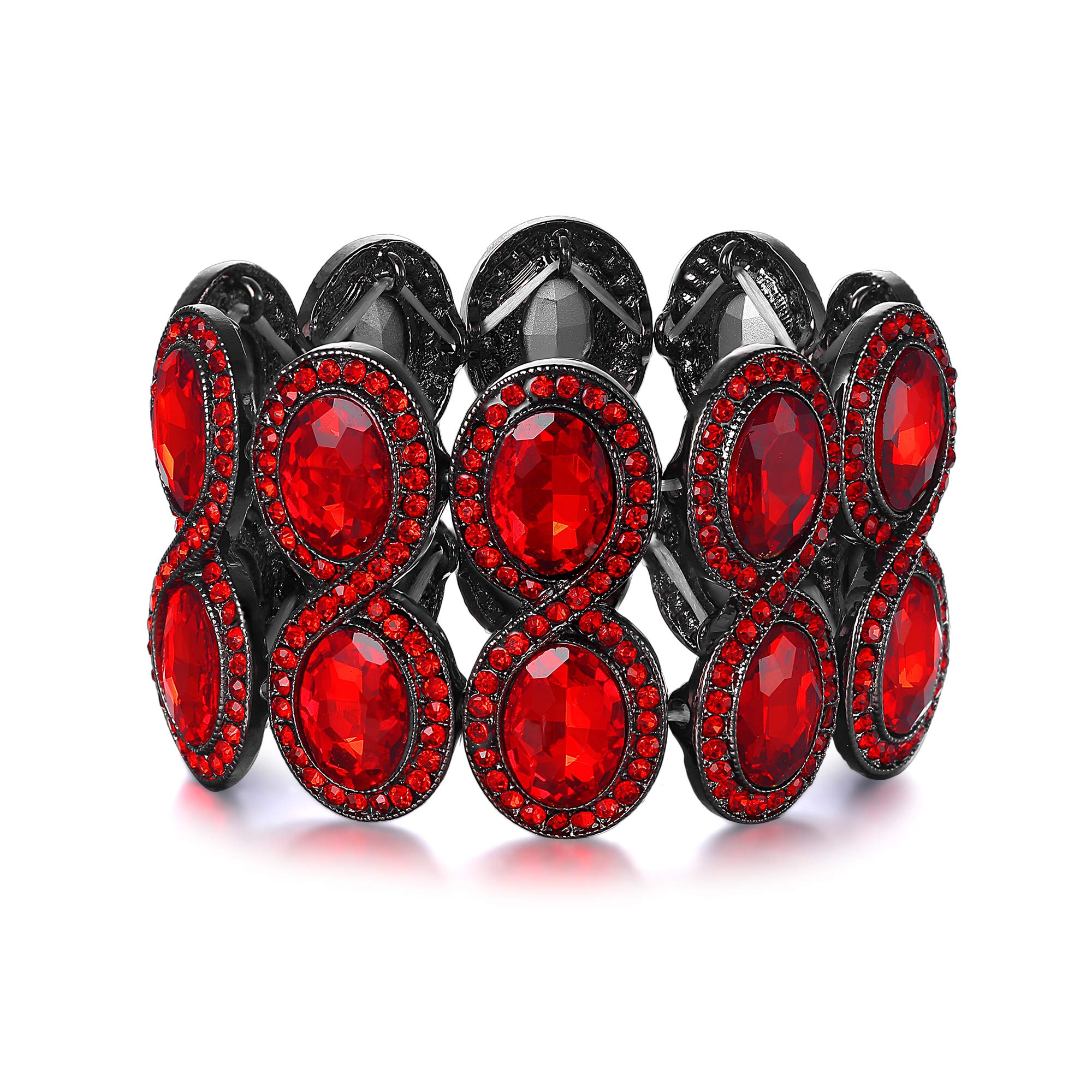 Ever Faith Women's Rhinestone Crystal Art Deco Wedding Brides Elastic Stretch Bracelet Red Black-Tone